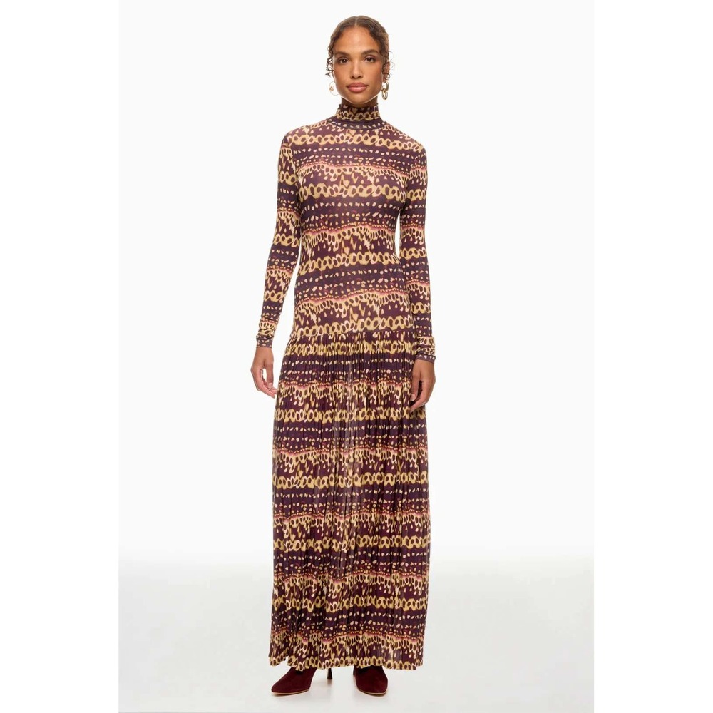 Ulla Johnson Long Sleeve Mock Neck Maxi Dress Chain Print Pleated Skirt Size S